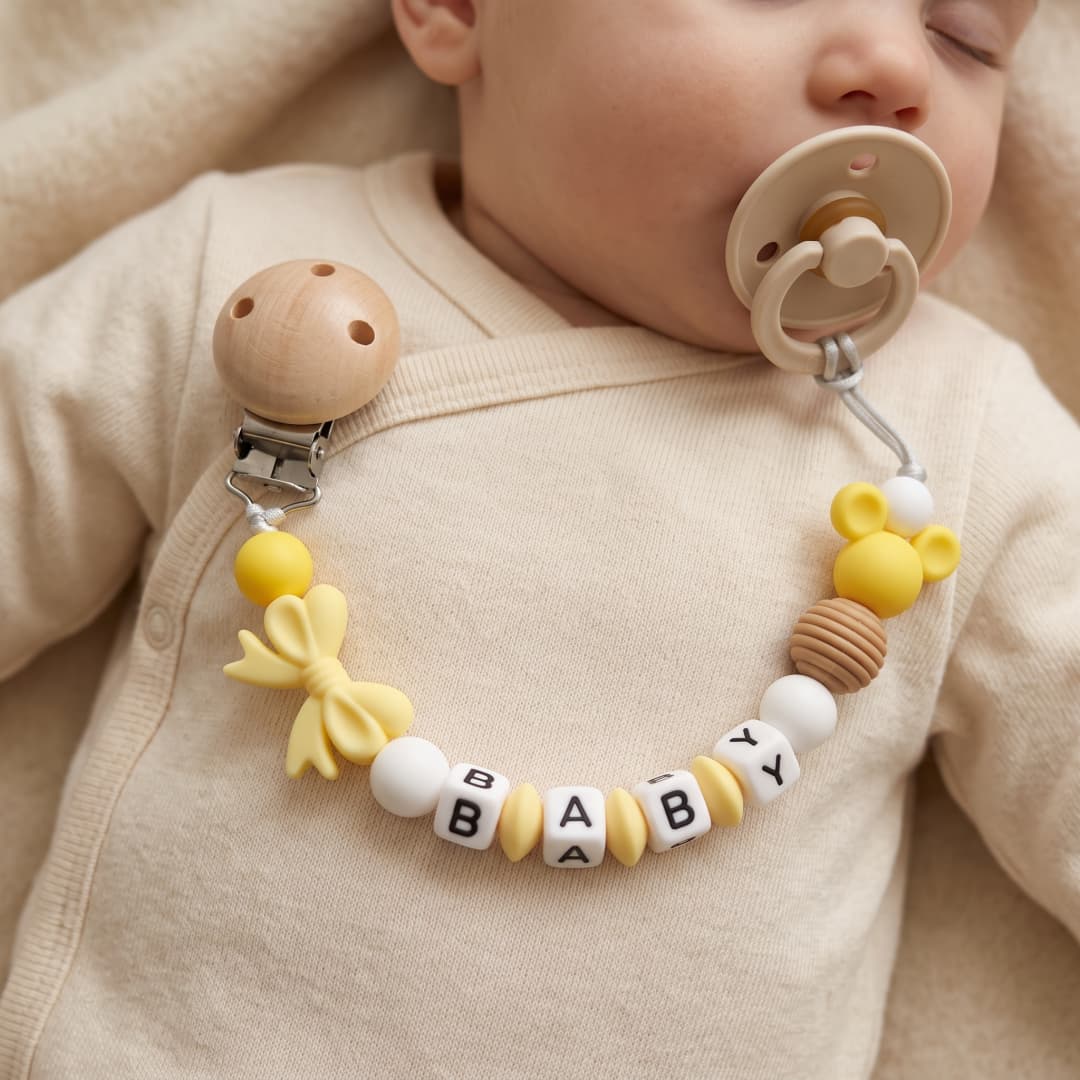 Baby Food Yellow - Penyangga Teether Bayi Silikon dengan Nama