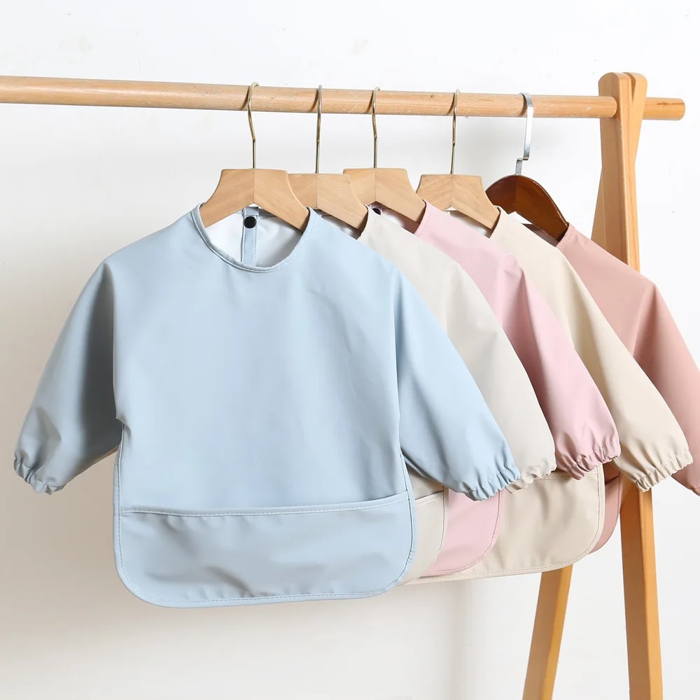 Bib Long Sleeve - Celemek makan bayi warna polos, celemek